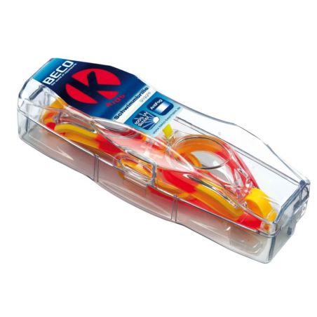Rote und gelbe Schwimmbrille in transparenter Plastikbox mit blau-rotem Etikett obenauf.