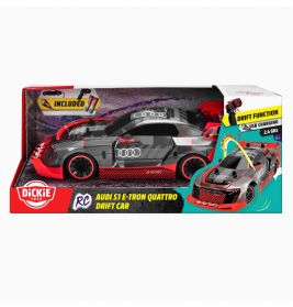 Audi S1 E-Tron Quattro Drift Spielzeugauto in rot-schwarzer Box mit Fernbedienung und USB-Ladekabel abgebildet.