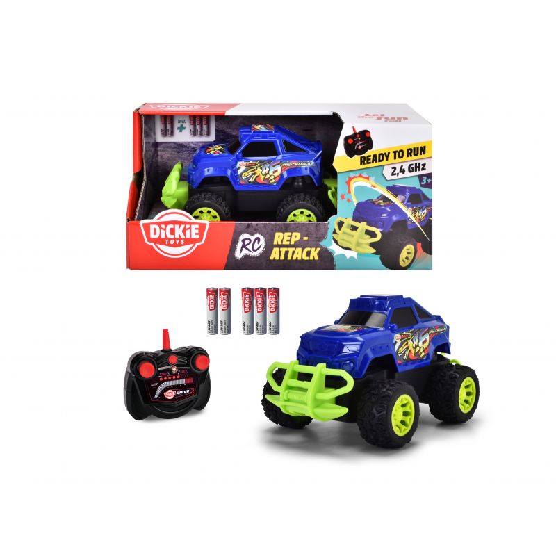 Blaues RC-Monstertruck-Spielzeug mit grünen Rädern, Fernbedienung, Batterien und Verpackung im Hintergrund.
