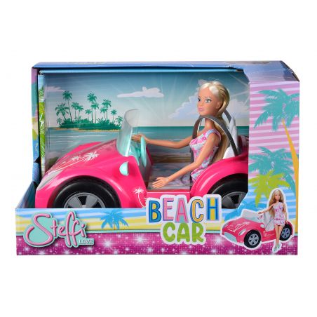 Steffi Love Puppe im pinken Strandauto, verpackt in bunter Box mit Palmen- und Meergrafik.