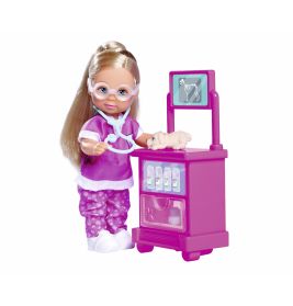 Puppe als Tierärztin mit Brille, Stethoskop und Spielzeugtier an einer rosa Tierarztstation.