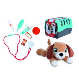 Tierarzt-Spielset mit Plüschhund, Transportbox, Stethoskop, Spritze, Thermometer und weiterem Zubehör.