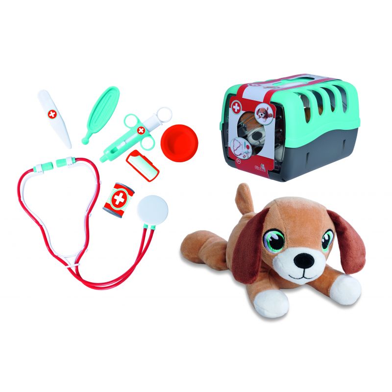 Tierarzt-Spielset mit Plüschhund, Transportbox, Stethoskop, Spritze, Thermometer und weiterem Zubehör.