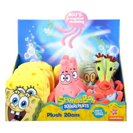 Box mit 20 cm Plüschfiguren: SpongeBob, Patrick, Thaddäus und Mr. Krabs.