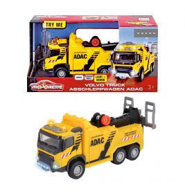 Gelber Volvo-ADAC-Abschleppwagen mit Licht und Sound, jeweils mit und ohne Verpackung abgebildet.