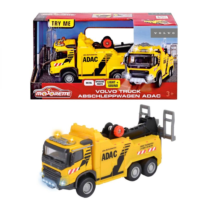 Gelber Volvo-ADAC-Abschleppwagen mit Licht und Sound, jeweils mit und ohne Verpackung abgebildet. Gelber Volvo-ADAC-Abschleppwagen mit Licht und Sound, jeweils mit und ohne Verpackung abgebildet.