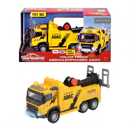 Gelber Volvo-ADAC-Abschleppwagen mit Licht und Sound, jeweils mit und ohne Verpackung abgebildet.
