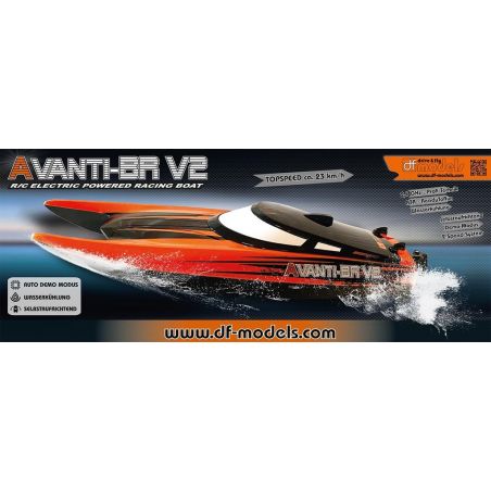 Rotes-schwarzes RC-Rennboot AVANTI-BH V2 fährt schnell über Wasser, technische Daten und Website sichtbar.