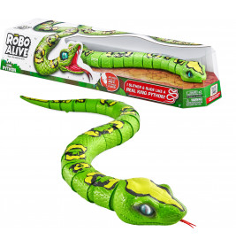 Grüner Robo Alive Spielzeugpython mit gelbem Streifen, gezeigt innen und außen in ihrer Verpackung.