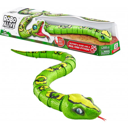 Grüner Robo Alive Spielzeugpython mit gelbem Streifen, gezeigt innen und außen in ihrer Verpackung.