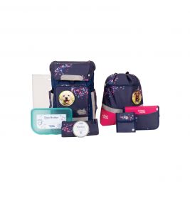 Schulset mit marineblau-rosa Hundemotiv: Rucksack, Brotdose, Mappen und passendes Zubehör.