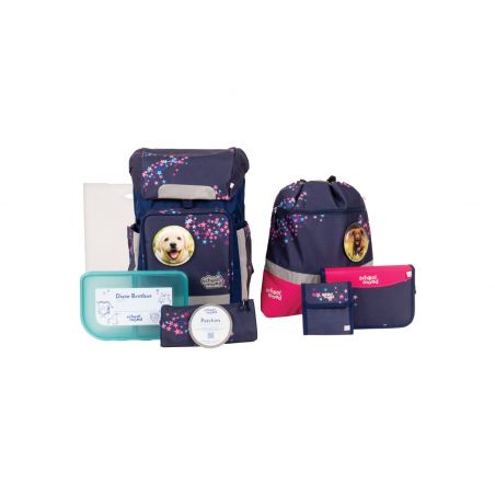Schulset mit marineblau-rosa Hundemotiv: Rucksack, Brotdose, Mappen und passendes Zubehör. Schulset mit marineblau-rosa Hundemotiv: Rucksack, Brotdose, Mappen und passendes Zubehör.