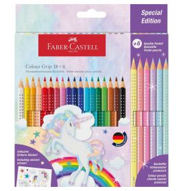 Faber-Castell Colour Grip Stiftebox mit Einhorn-Motiv und sichtbarem Set bunter Farbstifte.