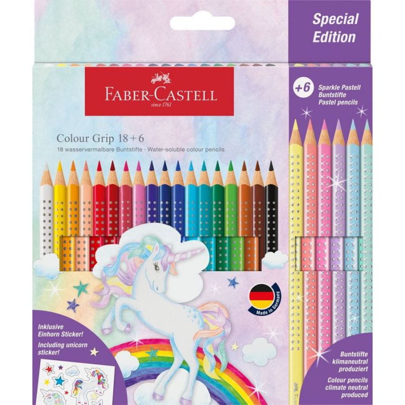 Faber-Castell Colour Grip Stiftebox mit Einhorn-Motiv und sichtbarem Set bunter Farbstifte. Faber-Castell Colour Grip Stiftebox mit Einhorn-Motiv und sichtbarem Set bunter Farbstifte.