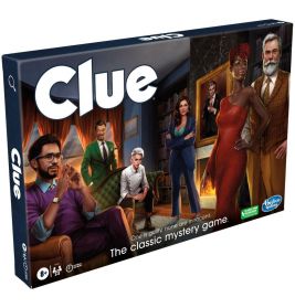 Clue-Spielschachtel mit vielfältigen Figuren in eleganter Kleidung vor dem Hintergrund eines Herrenhauses.