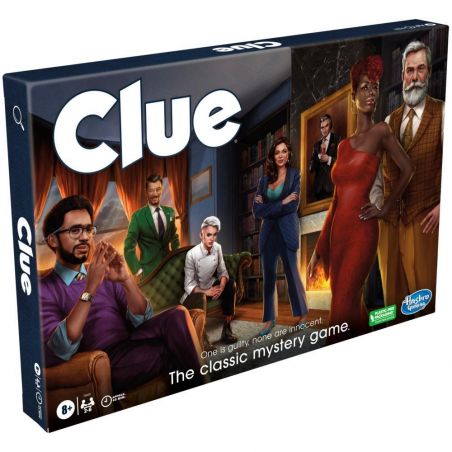 Clue-Spielschachtel mit vielfältigen Figuren in eleganter Kleidung vor dem Hintergrund eines Herrenhauses.
