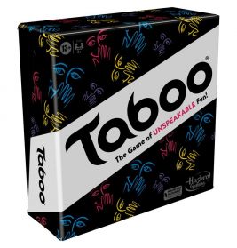 Tabu-Partyspiel: Bunte Hand- und Gesichtskonturen auf schwarzem Hintergrund zieren die Spielbox.