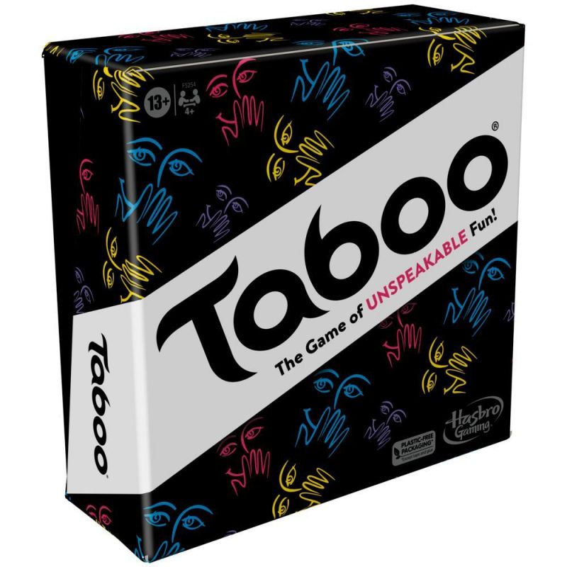 Tabu-Partyspiel: Bunte Hand- und Gesichtskonturen auf schwarzem Hintergrund zieren die Spielbox.