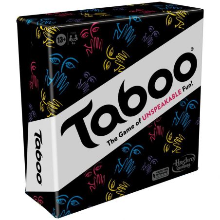 Tabu-Partyspiel: Bunte Hand- und Gesichtskonturen auf schwarzem Hintergrund zieren die Spielbox.