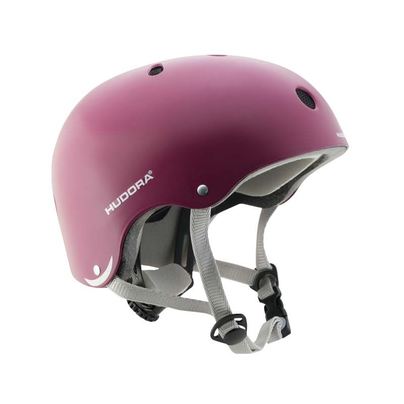 Rosa Hudora-Helm mit grauen Riemen und Belüftungslöchern, geeignet zum Schutz des Kopfes. Rosa Hudora-Helm mit grauen Riemen und Belüftungslöchern, geeignet zum Schutz des Kopfes.