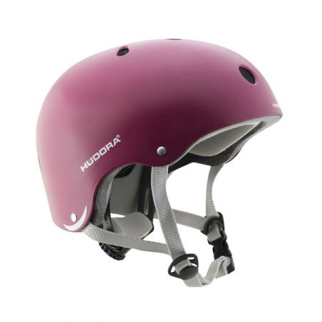 Rosa Hudora-Helm mit grauen Riemen und Belüftungslöchern, geeignet zum Schutz des Kopfes.