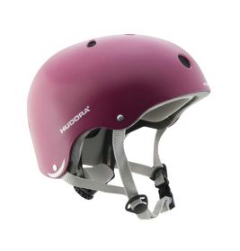 Matter rosa Hudora-Helm mit grauen Riemen und Belüftungslöchern, abgebildet vor weißem Hintergrund.