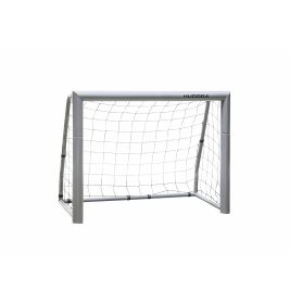 Kleines, tragbares Fußballtor mit weißem Rahmen und Netz vor schlichtem weißem Hintergrund.