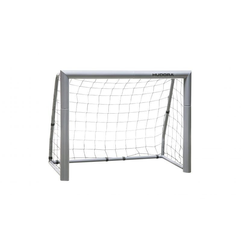 Kleines, tragbares Fußballtor mit weißem Rahmen und Netz vor schlichtem weißem Hintergrund. Kleines, tragbares Fußballtor mit weißem Rahmen und Netz vor schlichtem weißem Hintergrund.