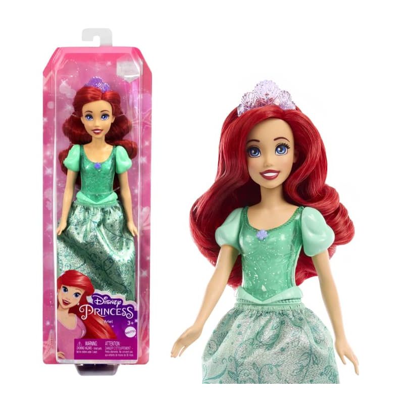 Disney Princess Ariel Puppe mit roten Haaren, grünem Kleid und Tiara, in und außerhalb der Verpackung gezeigt.
