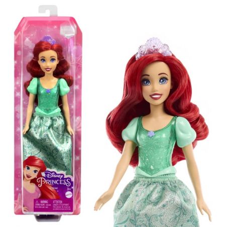Disney Princess Ariel Puppe mit roten Haaren, grünem Kleid und Tiara, in und außerhalb der Verpackung gezeigt.