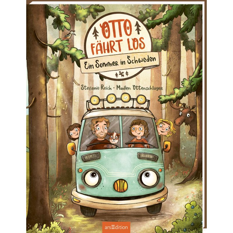 Buchcover: Menschen und ein Hund fahren im Van durch einen Wald, von Tieren beobachtet.