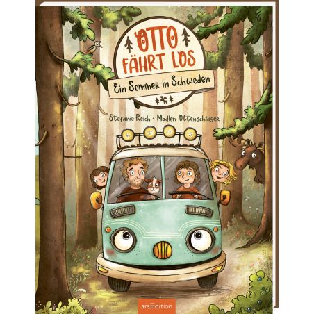 Buchcover: Menschen und ein Hund fahren im Van durch einen Wald, von Tieren beobachtet.