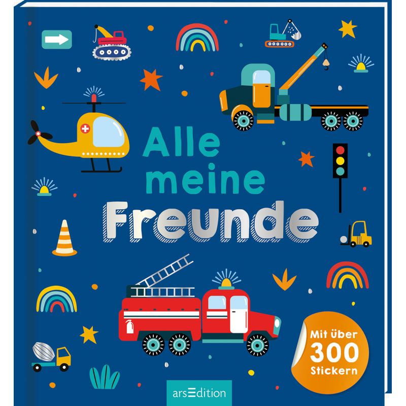 Blaues Kinderbuchcover mit Fahrzeugen, Regenbögen und dem Titel Alle meine Freunde in bunten Buchstaben.