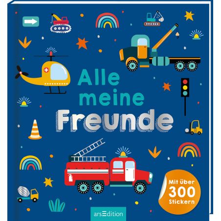 Blaues Kinderbuchcover mit Fahrzeugen, Regenbögen und dem Titel Alle meine Freunde in bunten Buchstaben.