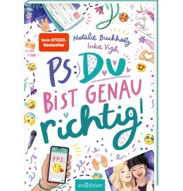 Buntes deutsches Buchcover mit verspielten Kritzeleien, Titel PS: Du bist genau richtig! von Buchholz und Vigh.