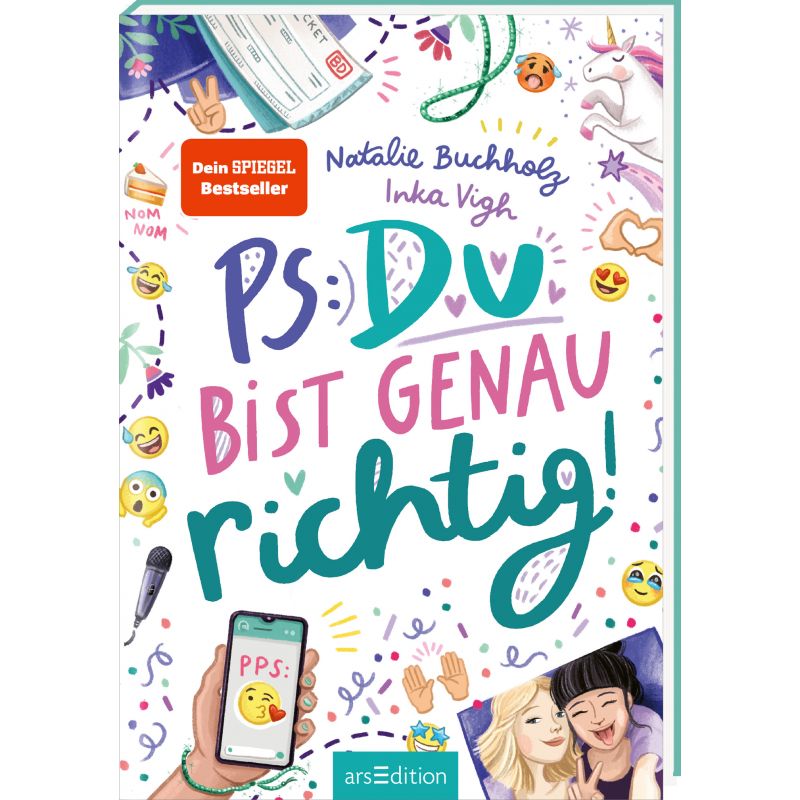 Buntes deutsches Buchcover mit verspielten Kritzeleien, Titel PS: Du bist genau richtig! von Buchholz und Vigh. Buntes deutsches Buchcover mit verspielten Kritzeleien, Titel PS: Du bist genau richtig! von Buchholz und Vigh.