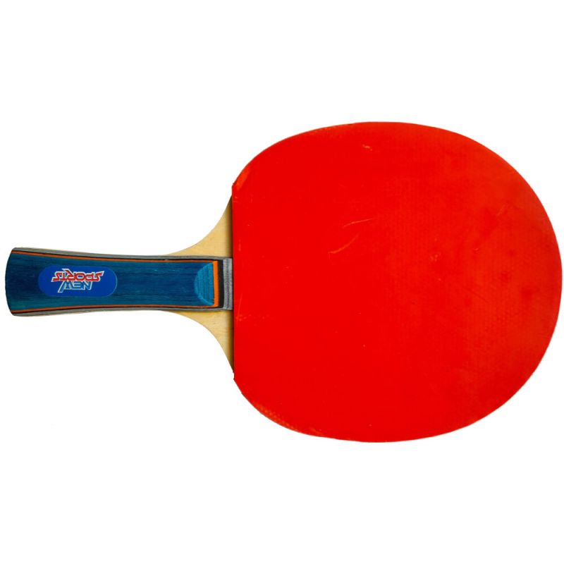 Roter Tischtennisschläger mit blau-schwarzem Griff, aus der Vogelperspektive betrachtet.