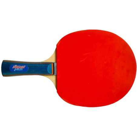 Roter Tischtennisschläger mit blau-schwarzem Griff, aus der Vogelperspektive betrachtet.