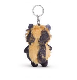 Plüsch-Tieranhänger mit braun-schwarzem Fell, von hinten vor weißem Hintergrund gezeigt.