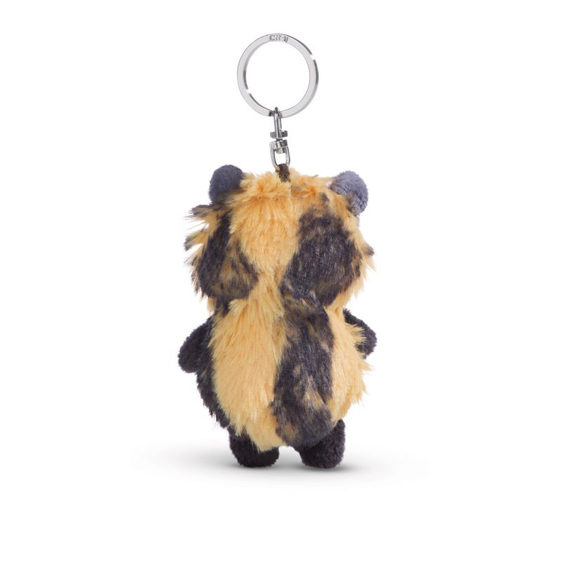 Plüsch-Tieranhänger mit braun-schwarzem Fell, von hinten vor weißem Hintergrund gezeigt.
