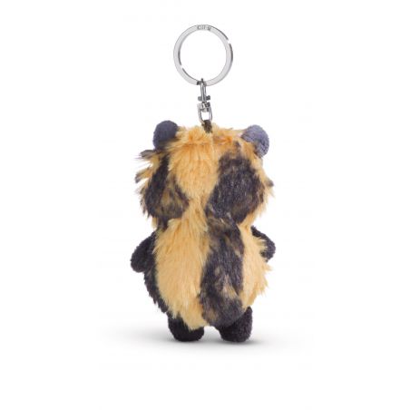 Plüsch-Tieranhänger mit braun-schwarzem Fell, von hinten vor weißem Hintergrund gezeigt.