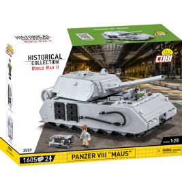 COBI-Set Panzer VIII Maus: Verpackung mit grauem WWII-Panzermodell und zwei Minifiguren.