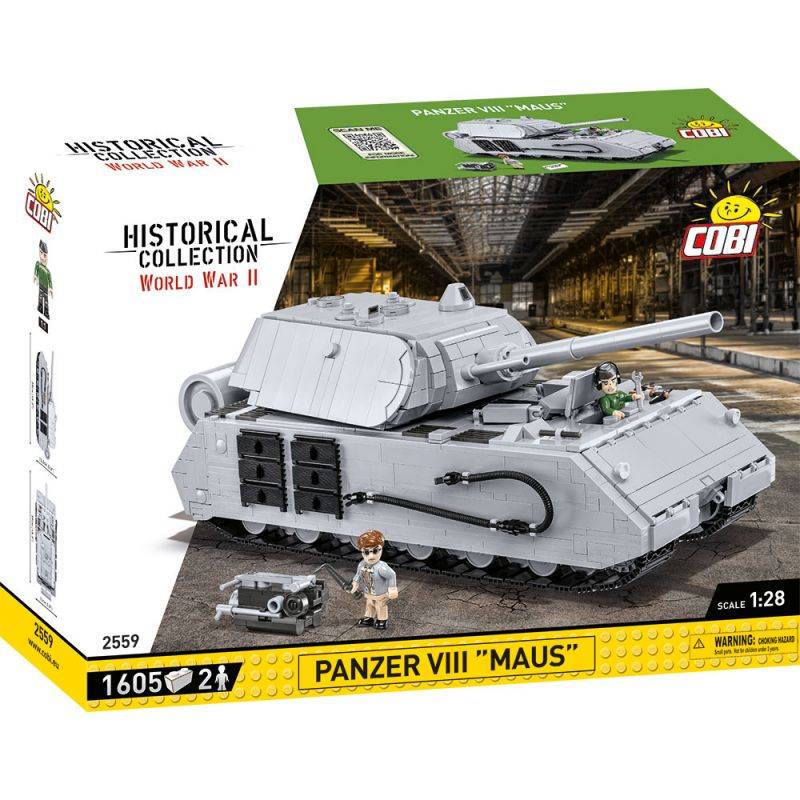 COBI-Set Panzer VIII Maus: Verpackung mit grauem WWII-Panzermodell und zwei Minifiguren. COBI-Set Panzer VIII Maus: Verpackung mit grauem WWII-Panzermodell und zwei Minifiguren.