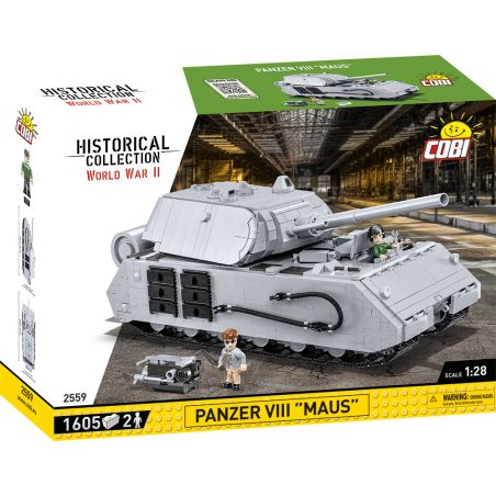 COBI-Set Panzer VIII Maus: Verpackung mit grauem WWII-Panzermodell und zwei Minifiguren.