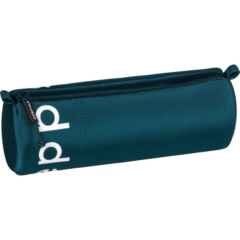 Zylindrisches, dunkel-türkisfarbenes Etui mit Reißverschluss und weißem Schriftzug an der Seite.