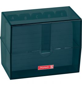 Dunkelgrüne Karteikartenbox aus Plastik mit A-E-Teilern und durchsichtigem Deckel.