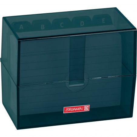 Dunkelgrüne Karteikartenbox aus Plastik mit A-E-Teilern und durchsichtigem Deckel.