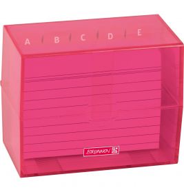 Rote Kunststoff-Karteikartenbox mit Register A-E und darin liegenden, linierten Karten.