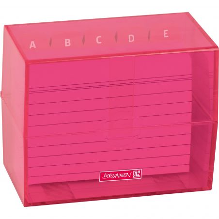 Rote Kunststoff-Karteikartenbox mit Register A-E und darin liegenden, linierten Karten.