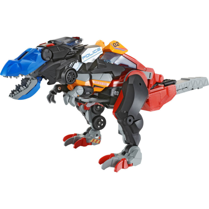 Spielzeug-Dinosaurierroboter mit Polizei-Autoteilen, in Rot und Blau, mechanischen Details und Polizeimarkierungen.
